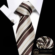 Mens Brown Striped Polyester Tie, Matching Cufflinks Hanky Set