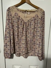 Women’s  Xhilaration Long Sleeve Boho Blouse Top Shirt Size XL Beige Floral Lace