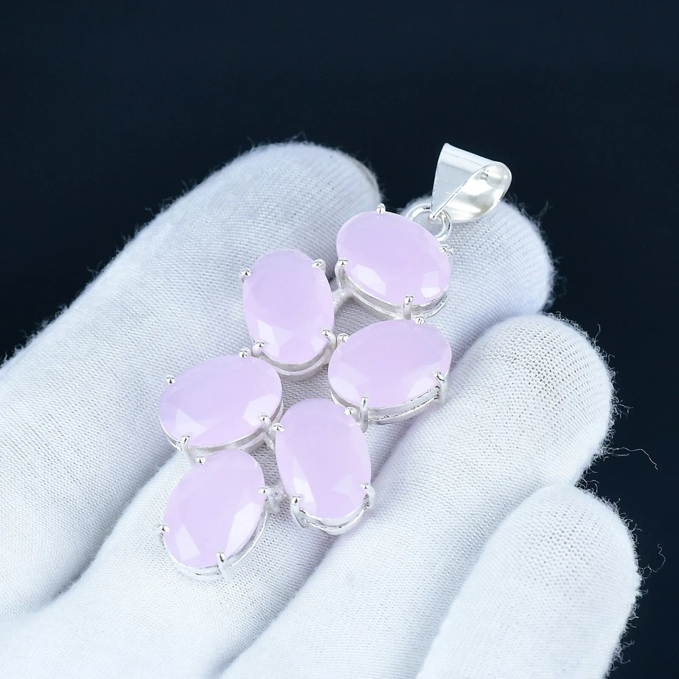 Rosa Calcedonio Lab-Made Gemma Fatto a Mano 925 Argento Sterling Etnico Ciondolo - Immagine 3 di 4