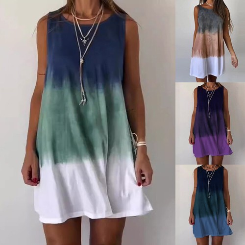 Women Summer Loose Sleeveless Gradient Print Dress Casual O Neck Beach Sundress