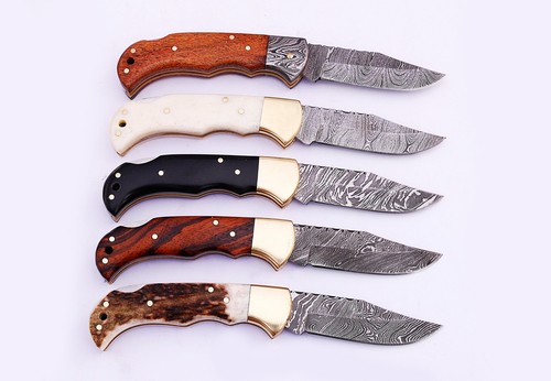 Damascus steel Folding Pocket Knife Lot Bone Stag Horn Wood Handle with Sheath - Picture 18 of 40