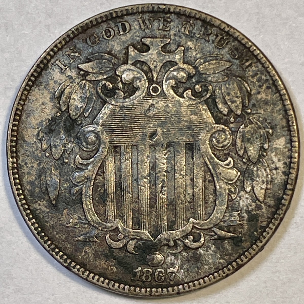 1867 Rays Shield Nickel Almost Uncirculated AU Coin, Issues