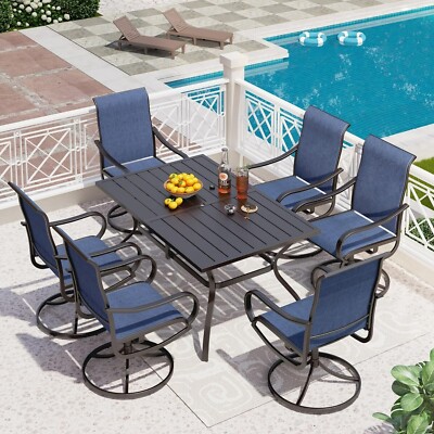 7 Piece Outdoor Patio Dining Set Swivel Chairs &Rectangle Table w/ Umbrella Hole