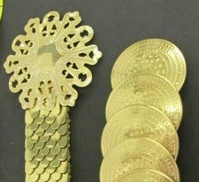 2 LOT GOLD TONE CHAIN BELTS STRETCH 1 DISKS 1 FISH SCALE MID CENTURY