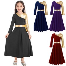 Kids Girls Dance Dress Ruffle Dancewear Long Sleeve Church Round Neck Metallic