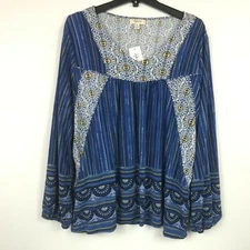 Style&CO Women Size Small Blue Coastal Flock Combo V Neck Bishop Sleeve Top NEW