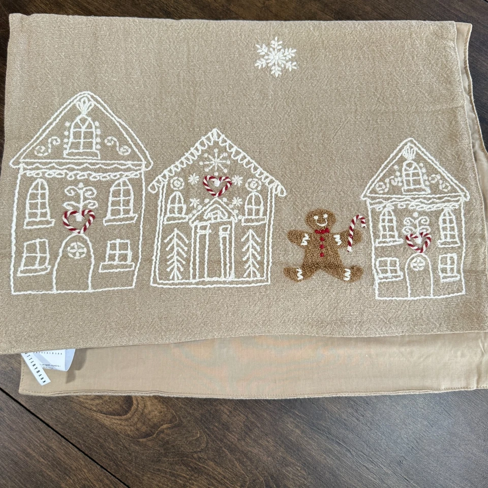 POTTERY BARN GINGERBREAD VILLAGE EMBROIDERED TABLE RUNNER 18 X 108" FLAX/ MULTI - Image 2 of 4