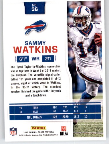 2016 Score Sammy Watkins NFL PWE Base Card Bills #36 - Picture 2 of 2