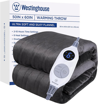 Charcoal Heated Blanket Throw, 6 Heat Levels, 2-10 Hr Timer, Machine Washable