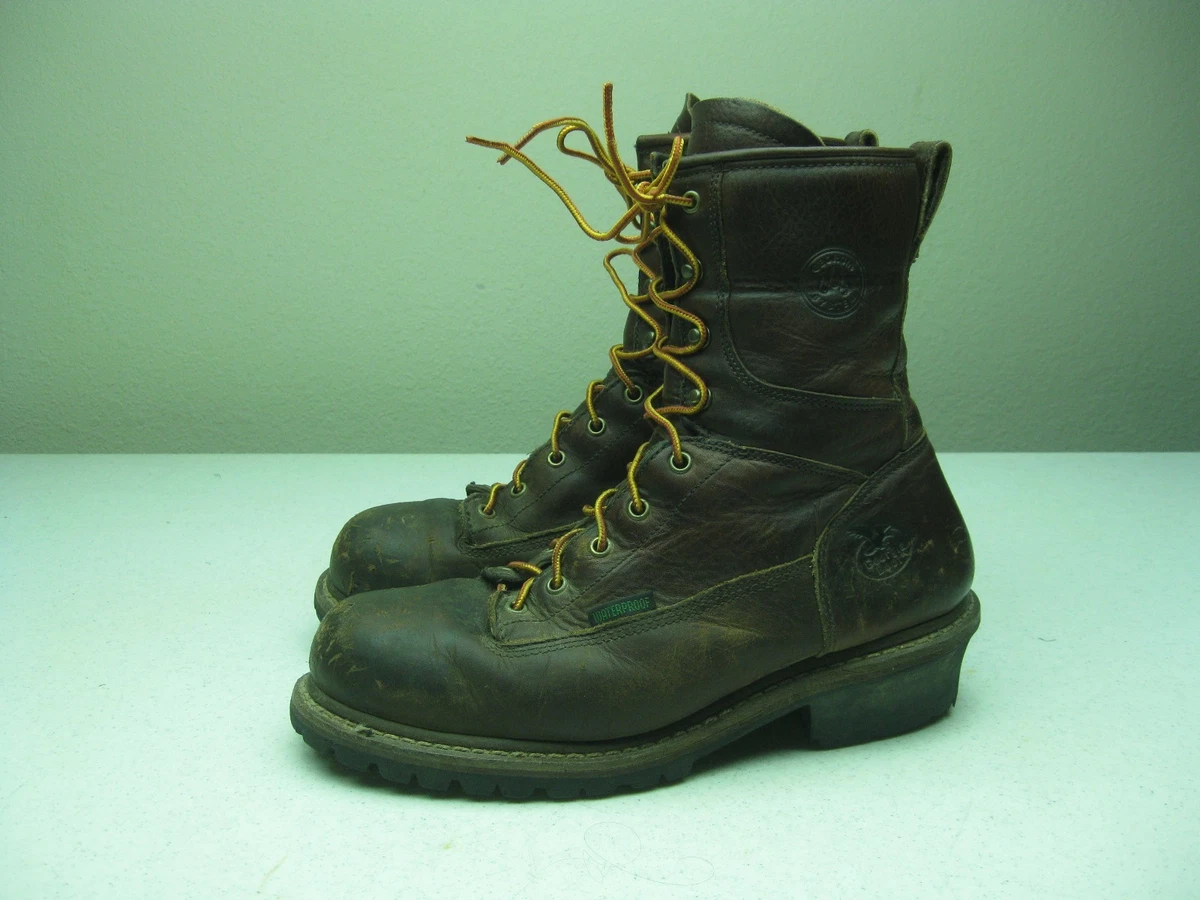 VINTAGE DISTRESSED BROWN WATERPROOF STEEL TOE GEORGIA LOGGER WORK BOOTS SIZE 9W