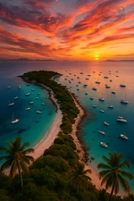 Digital Photo Art Wallpaper, Tropical Island Sunset with Boats and Vibrant Sky