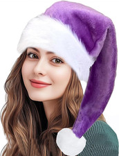 Plush Christmas Purple Santa Hat for Adults, Long Plush Purple Velvet Xmas Hat f