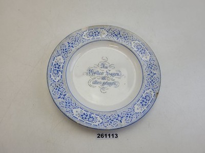 Keramik Spruch-Teller Thomsberger & Hermann An Gottes Segen um 1900 21cm #261113