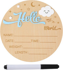 Newborn Welcome Signs, 5.9In round Wooden Moon Clouds Hello World Newborn Birth