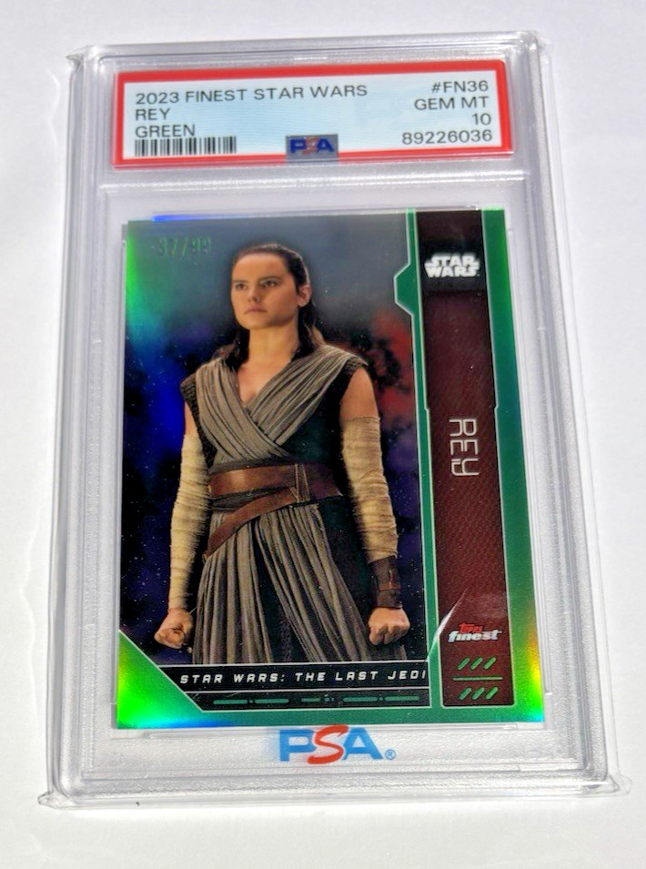 RARE POP 1 2023 TOPPS FINEST STAR WARS #FN36 REY GREEN /99 PSA GEM MINT 10 view 2