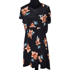 Maurices Black Floral Midi Dress Womens XXL Tie Back Open Back Boho Short Sleeve