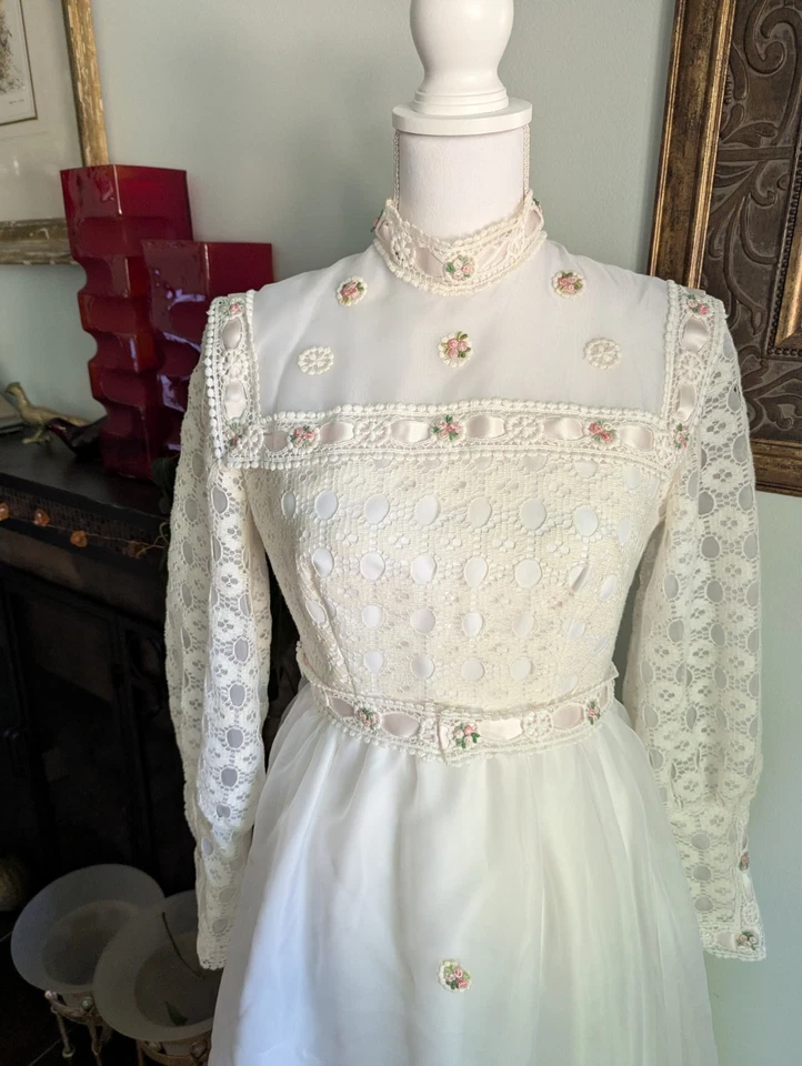 Maxi Vestido de Boda Vintage Años 70 Encaje Boho Pradera Hippy Rosa Flores Talla Pequeña Foto 2 de 4