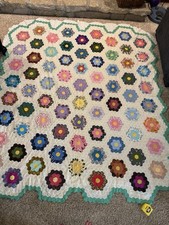 Vtg Grandmothers Flower Garden Quilt Top Hexagon Mosaic 96x84 Ready to Finish