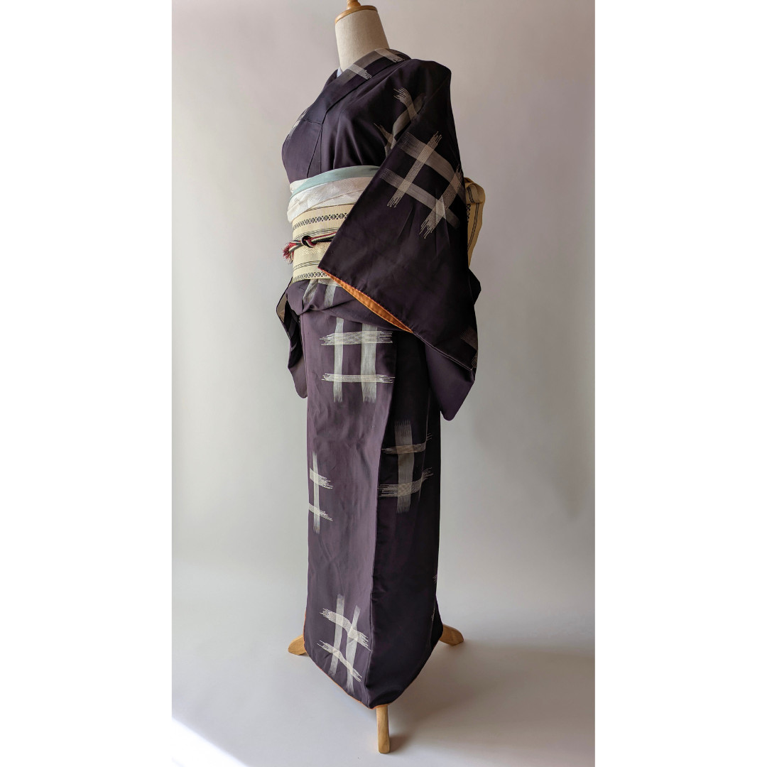 Kimono Small Pattern Pongee Deep Purple Silk Comb… - image 2