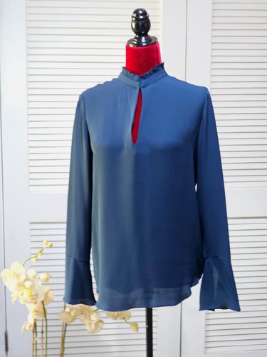 Theory Women's Navy Blue Silk Classic Blouse Slate Ruffle Neck Sz S 2582