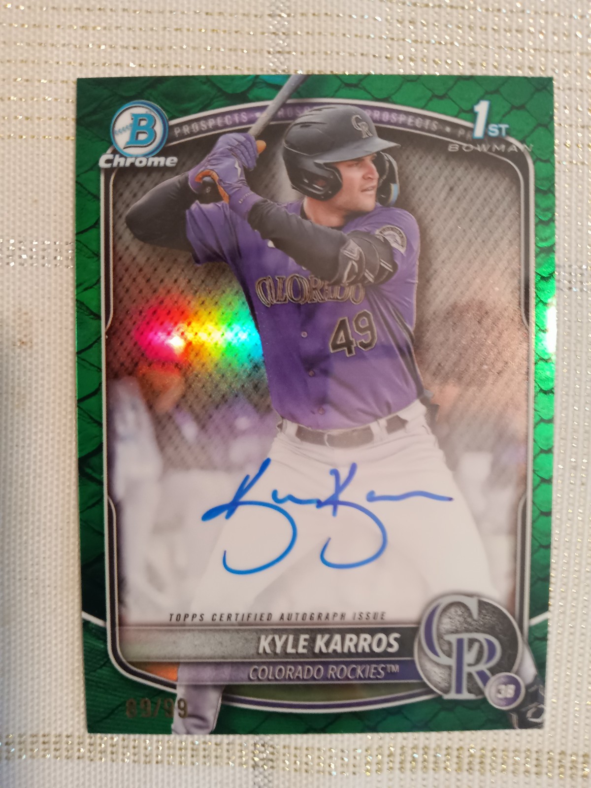 2025 Bowman Chrome Kyle Karros 1st Bowman Auto 89/99 Green Refractor Reptilian