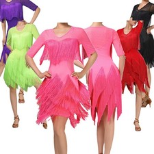 Womens Skirt Performence Dancewear Jazz Dress Fringe Tassel Ballroom Shiny Mesh