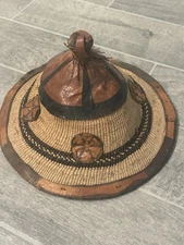 Vintage Tuareg West African Fulani Straw Leather Sun Hat Handmade Authentic
