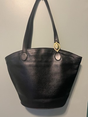 Christian Dior Vintage Black Grained Leather Tote, Gold CD Hardware, France