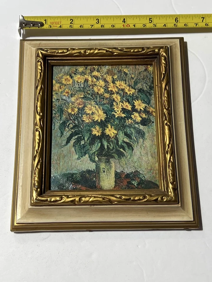 Pintura al óleo floral marco dorado ornamentado naturaleza muerta arte flores amarillas Foto 4 de 4