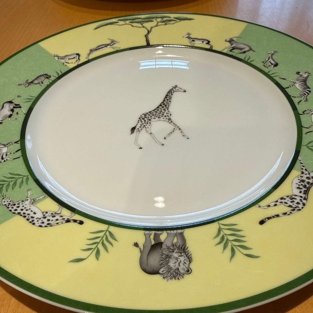 Hermes Africa Dinner Plate Tableware Green Giraffe Dish 2 set Auth