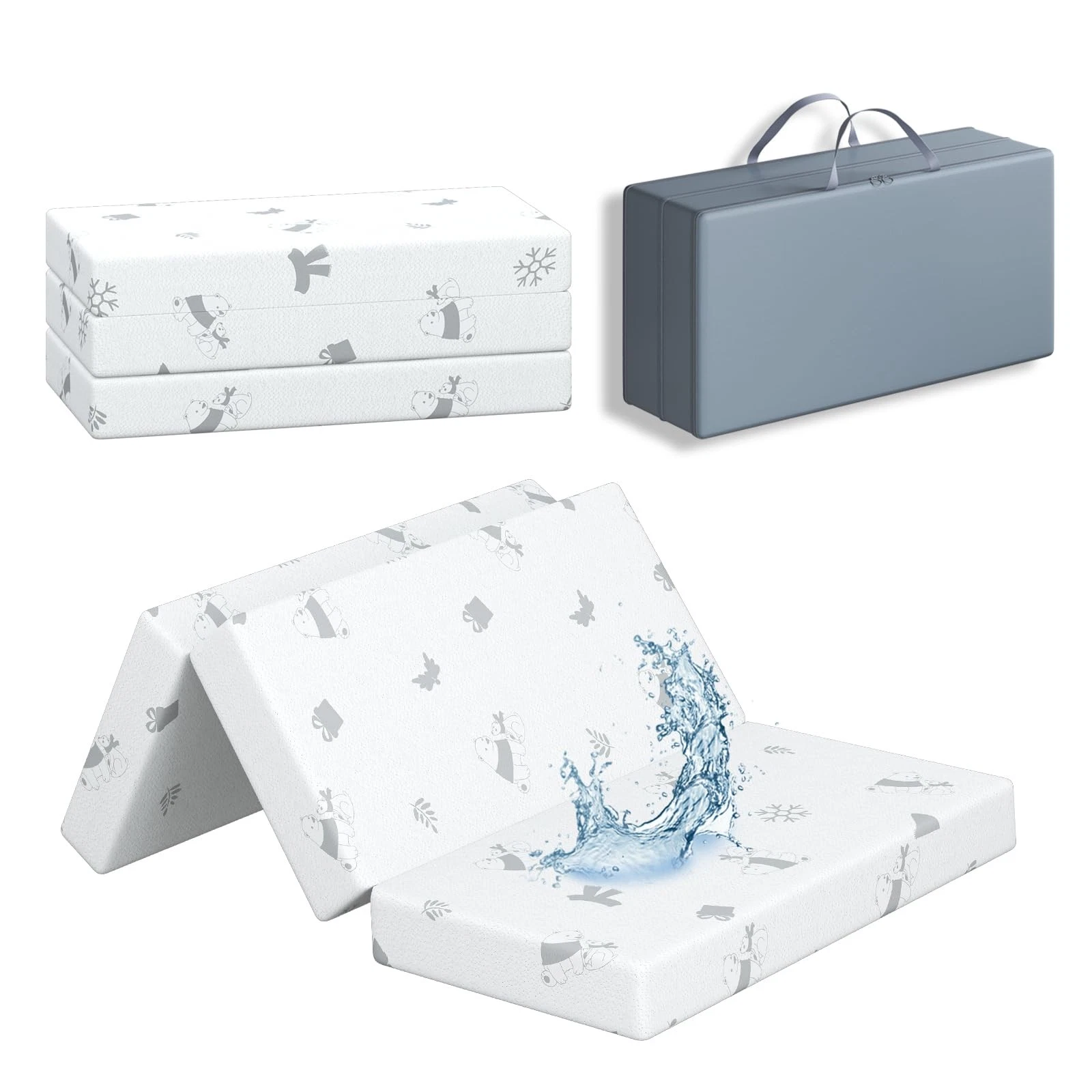 3"x26"x38" Trifold Mattress Topper, Waterproof Breathable Soft Removable Cove...
