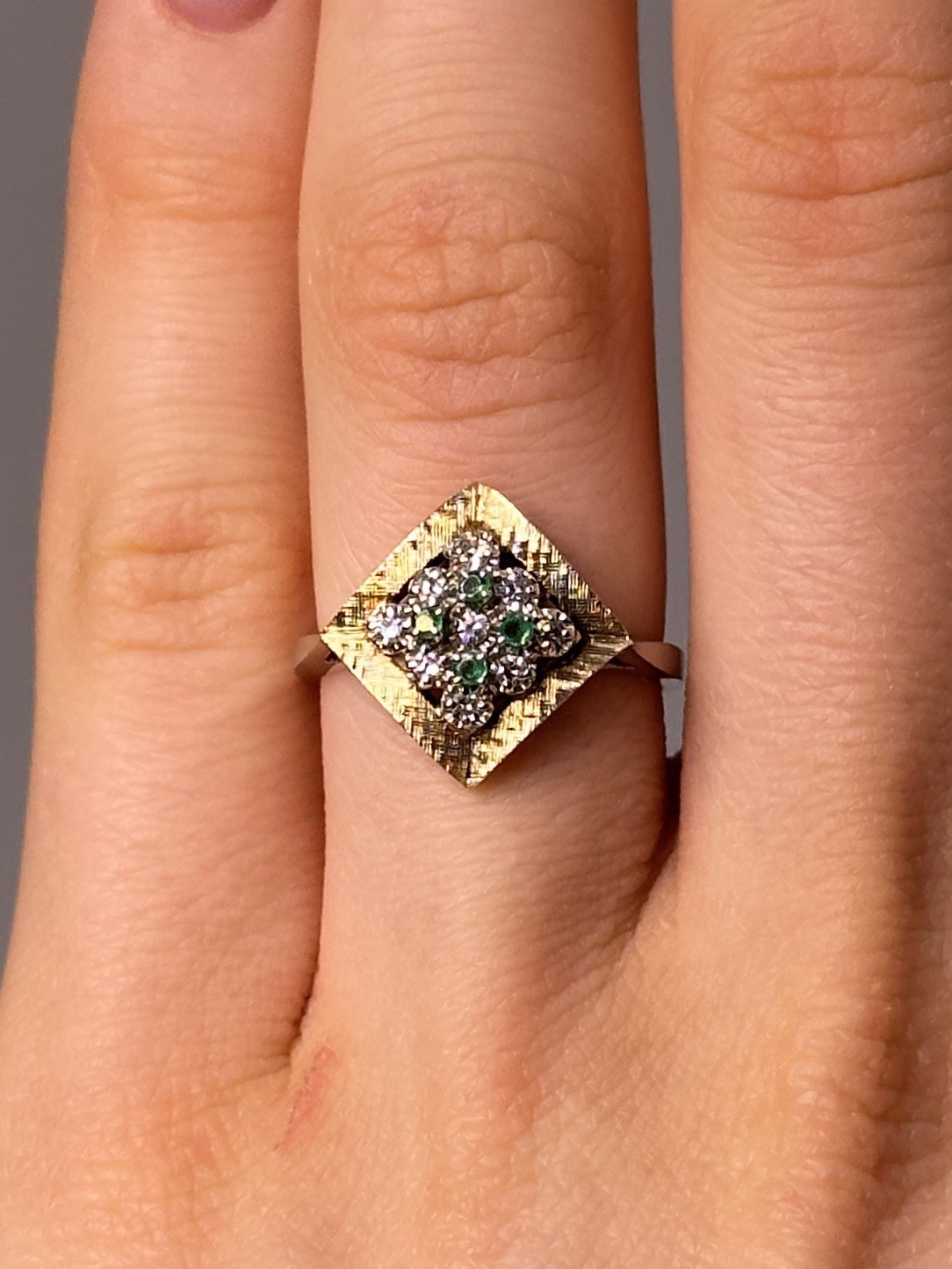 Vintage Solid 14K Two-Tone Square-Shape Ring & Em… - image 1