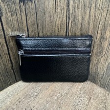 Coin Purse Black Wallet Genuine Leather Wallet Double Zip Pouch NEW FAST SHIP