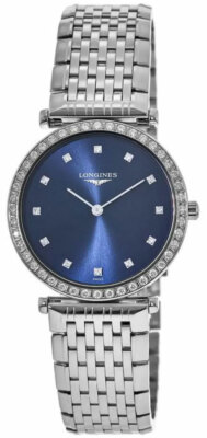 Longines La Grande Classique Stahl & Diamant Damenuhr Ziffernblatt Blau