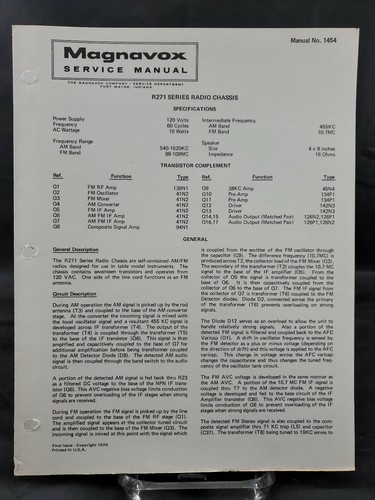 Magnavox Reparatur Service Teile Handbuch für 1970 R271 Serie Radio Chassis  - Bild 1 von 2