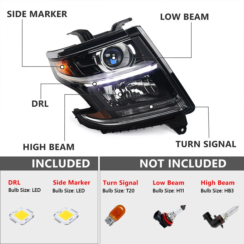 For Chevy Tahoe Suburban 1500 2500 3500HD 2015-2020 LED DRL Headlight Headlamp - Image 2 of 4