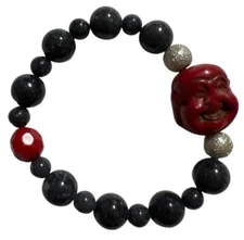 Handmade Buddha Black Bead Bracelet Red  Charm & Silver Accents Stretch Fit