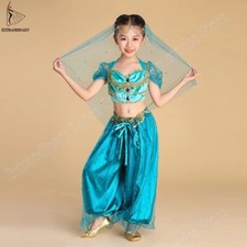 Children Halloween Jasmine Princess Costumes Belly Dance Veil Top Pant 4 Pcs Set