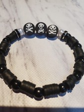 Handcrafted Halloween Bracelet With Skulls And Black Beads Stretchy