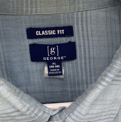 George Men Shirt Button Down Short Sleeve Blue Horizontal Stripes