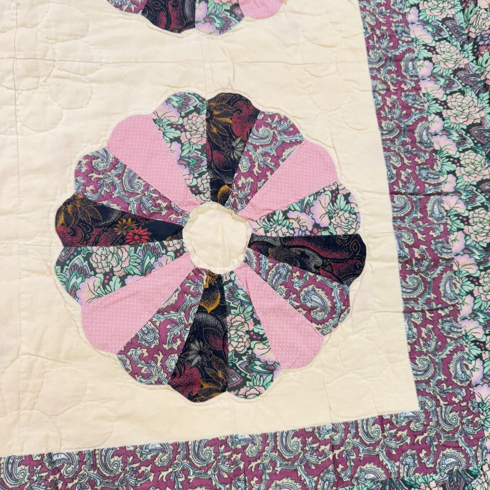 Edredón Queen Dresdan púrpura verde floral patchwork algodón rústico primitivo Foto 4 de 4