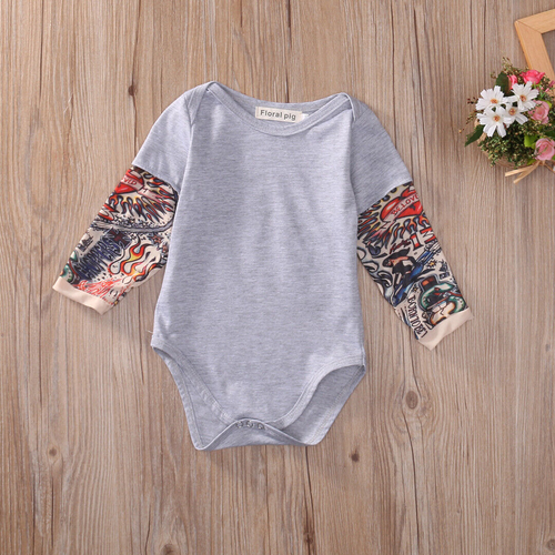 Newborn Baby Boy Tattoo Printed Long Sleeve Patchwork Romper Autumn Bodysuit - Bild 10 von 14