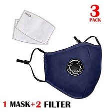 3 Reusable Washable Cotton Cloth Face Mask with Valve 6 PM2.5 Filter blue navy