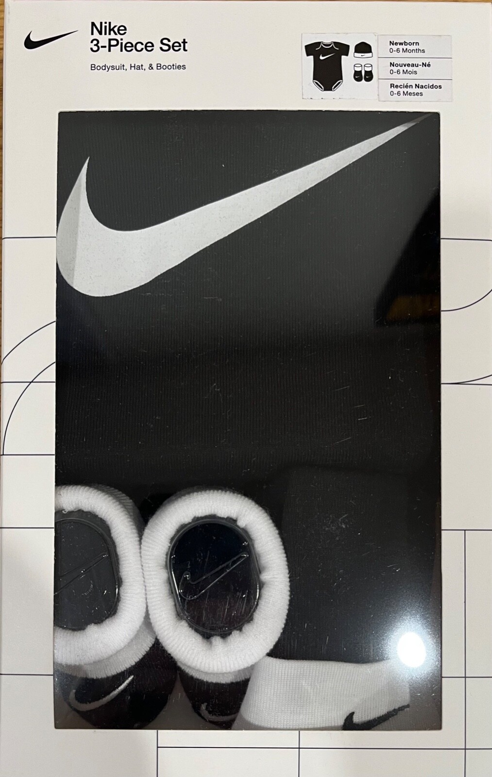 Nike Baby Short Sleeve Bodysuit, Hat, Booties 3 Piece Set Black Newborn 0-6 Mnth