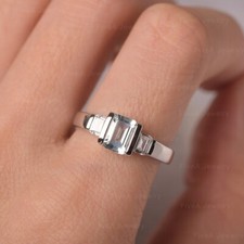 Natural Aquamarine Emerald Cut Three Stone Ring In 925 Sterling Silver Ring