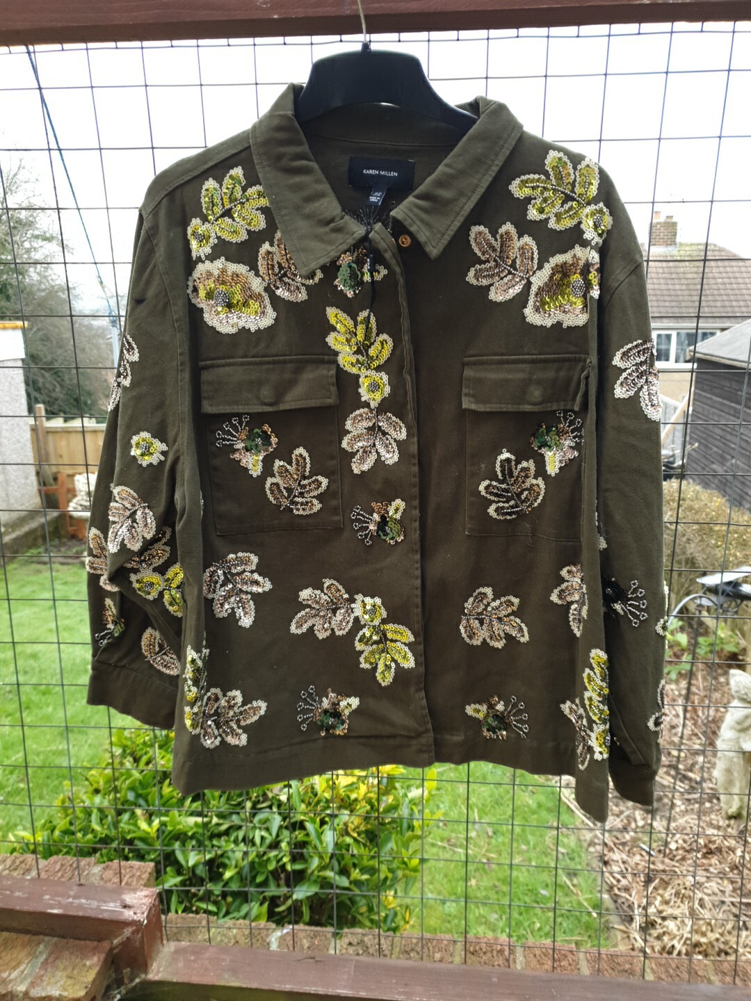 KAREN MILLEN Jacket 16 Green Women's Floral Sequins  Cotton Button Millitary