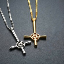 Inverti Cross Pentacle Pentagram Star Pendant Men Necklace Chain Satanic Choker