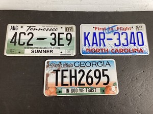 LOT OF 3 VEHICLE LICENSE PLATES TENNESSEE GEORGIA NORTH CAROLINA CLEAN