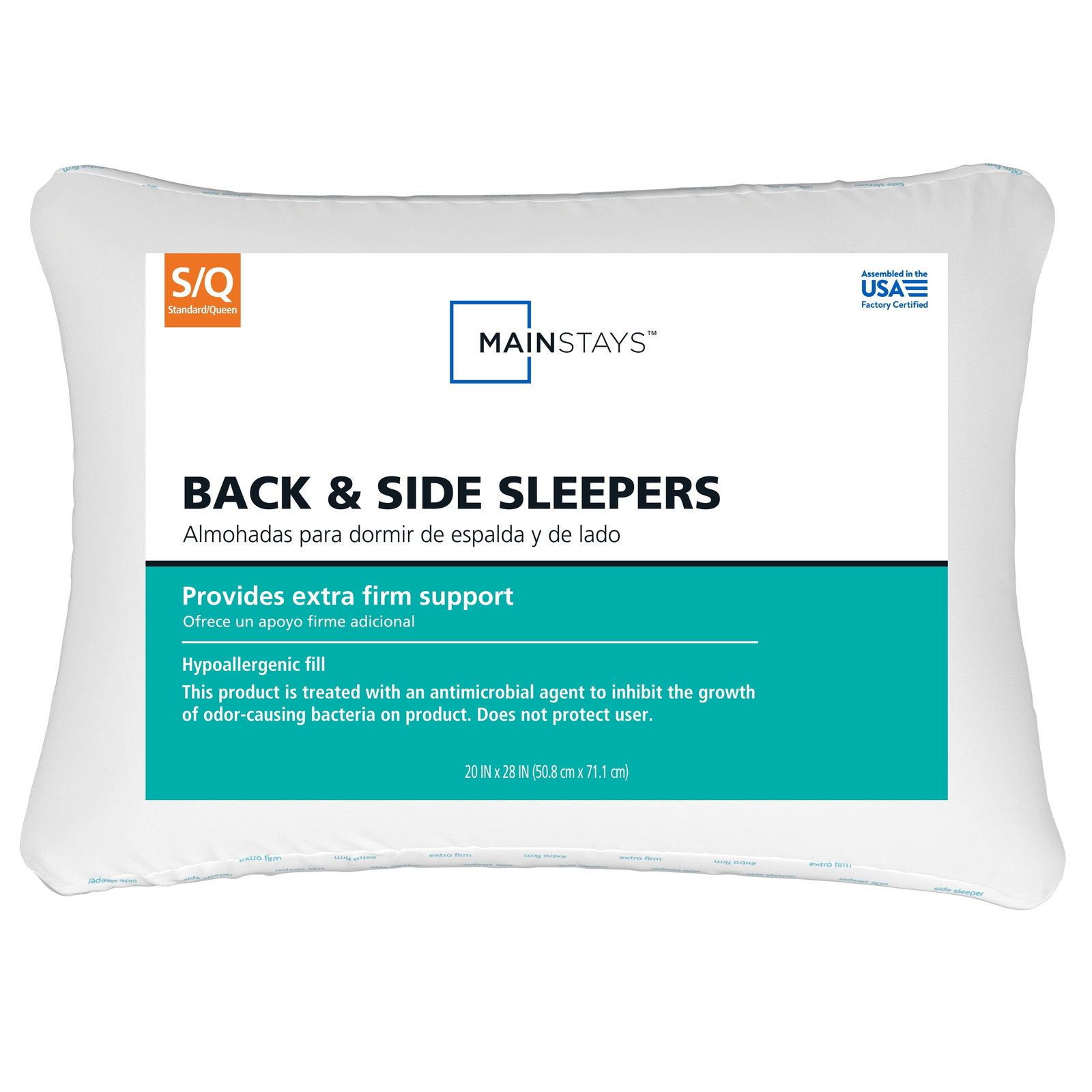 Standard/Queen Mainstays Extra Firm Back and Side Sleeper Pillow