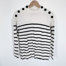 Loft Navy Cream Stripe Sweater Small S Button Shoulders Nautical Cotton Wool R25